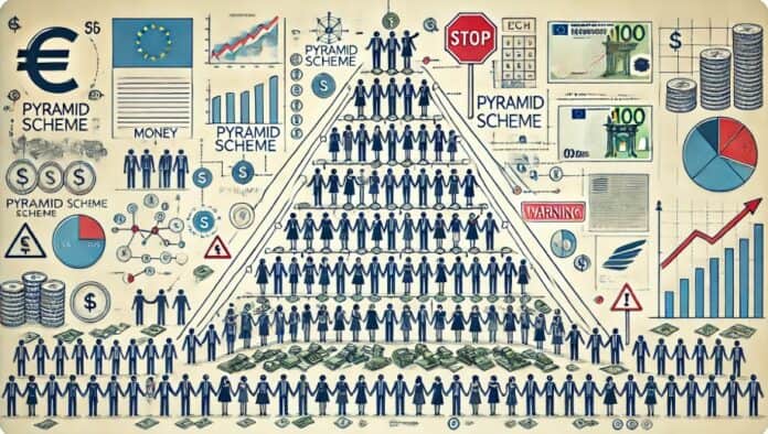 De structuur en werking van een piramidespel uitgelegd Illustratie van een piramidespel waarbij geld stroomt van een grote groep onderaan naar een kleine groep bovenaan de piramide.