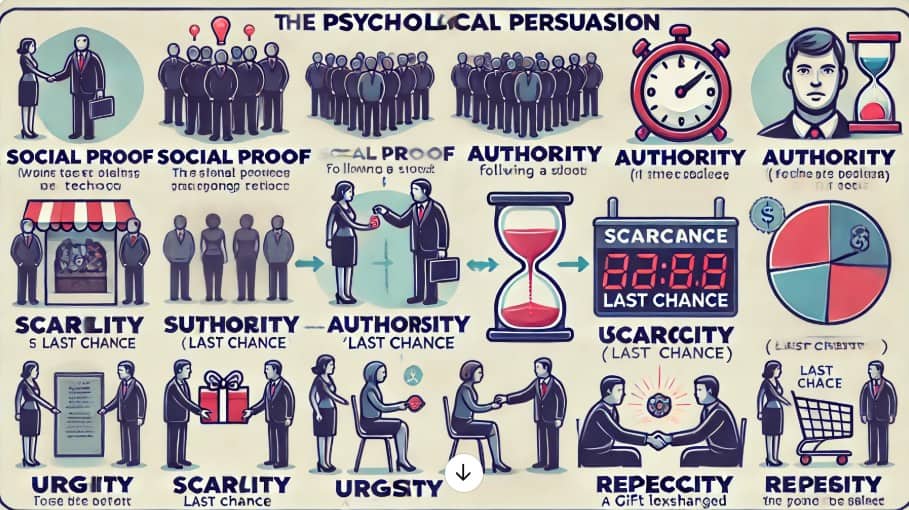 Visuele uitleg van psychologische overtuigingstechnieken zoals sociale bewijskracht, autoriteit, schaarste, urgentie en wederkerigheid.
