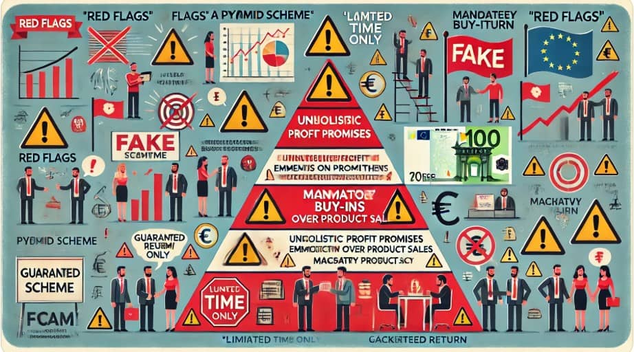Illustratie met visuele waarschuwingen voor piramidespelen, zoals beloftes van winst, rekruteringsdruk en gebrek aan transparantie.