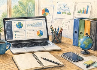 Geld verdienen met websites met weinig geld Werkplek met laptop voor het beheren van websites, domeinnamen, content en verschillende online inkomstenbronnen.