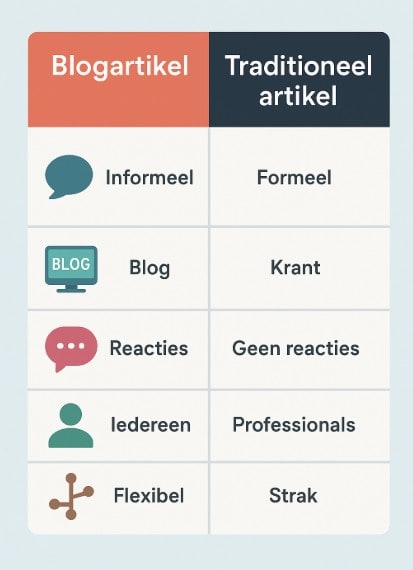 Infographic in het Nederlands met visuele vergelijking tussen blogartikel en traditioneel artikel op basis van vijf kernverschillen.
