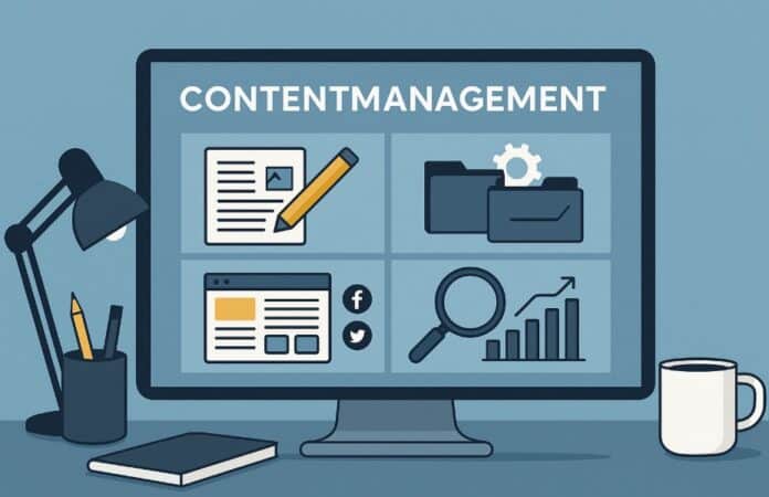 Visuele weergave van contentmanagement op een werkplek Illustratie van een computerscherm met visuals over contentbeheer: schrijven, organiseren, publiceren en analyseren van content.