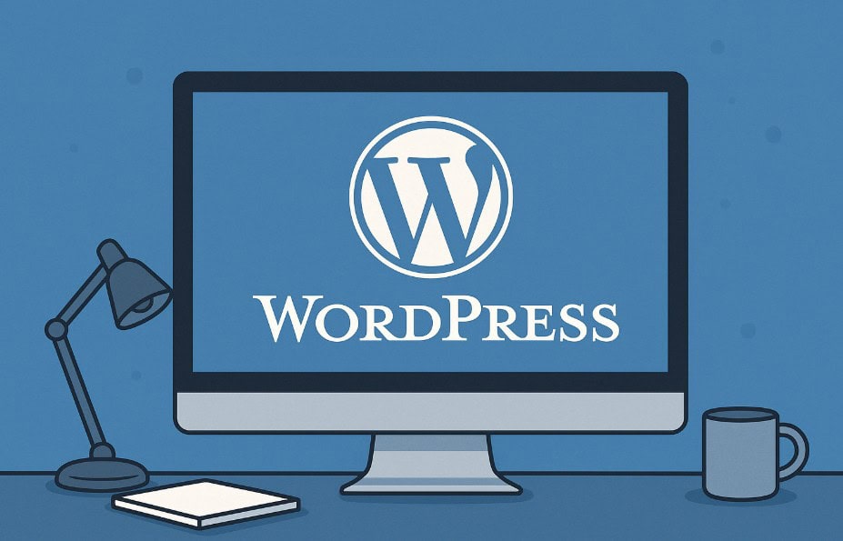 Illustratie van een computerscherm met het WordPress-logo, op een bureau met een lamp, mok en notitieblok in vlakke stijl.