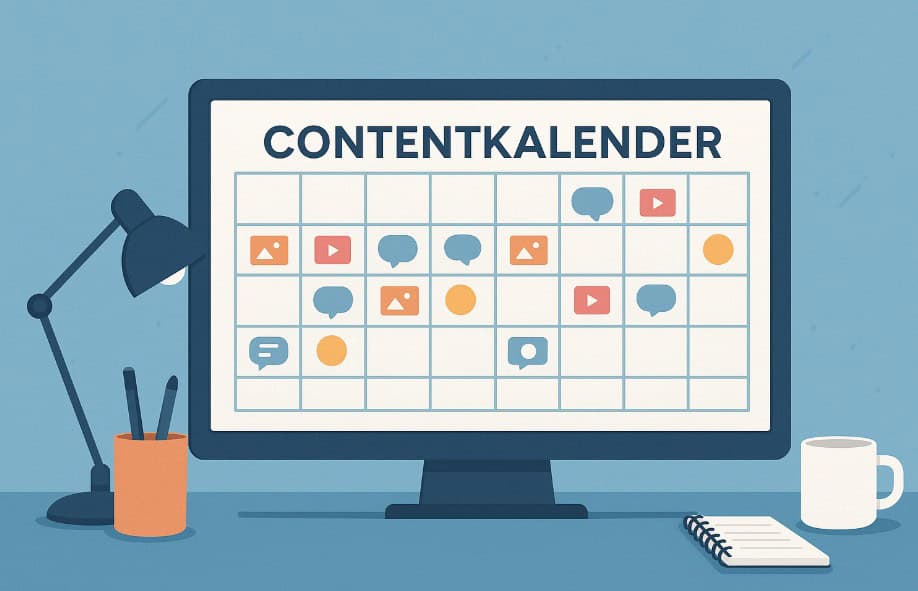 Illustratie van een computerscherm met een contentkalender, omgeven door een lamp, mok, notitieboek en pennenhouder op een bureau.