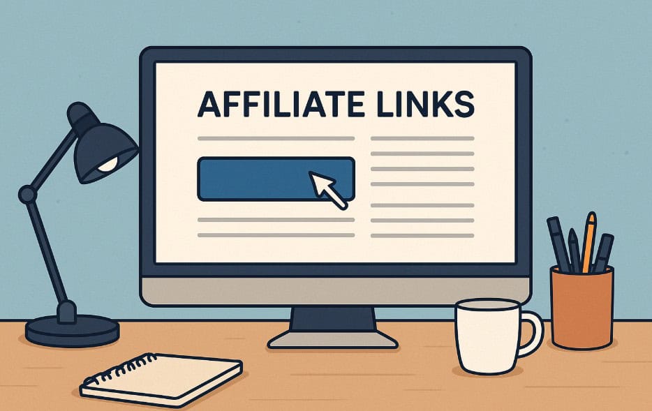 Illustratie van een computerscherm met de tekst "Affiliate Links", omringd door een bureaulamp, mok, notitieboek en pennenpot.