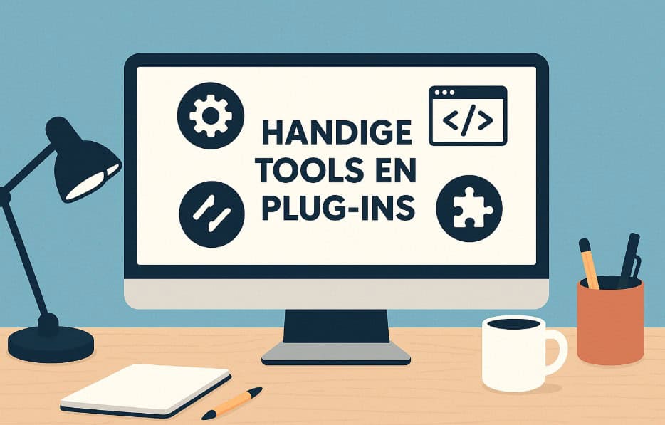 Illustratie van een computerscherm met de tekst "Handige tools en plug-ins", omringd door pictogrammen en bureaubenodigdheden.