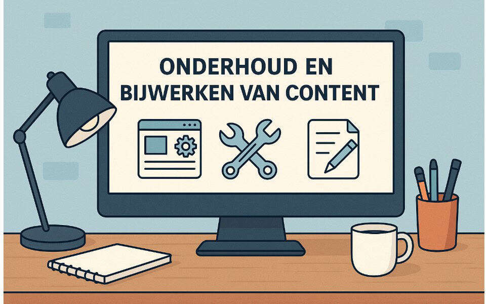 Illustratie van een scherm met “Onderhoud en bijwerken van content”, omringd door gereedschapspictogrammen en bureaubenodigdheden.