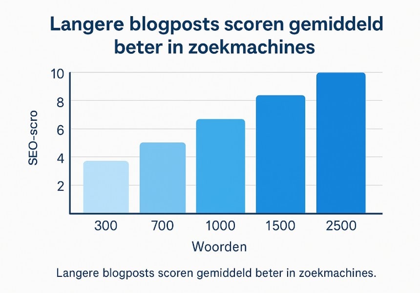 Nederlandse staafgrafiek die laat zien hoe langere blogartikelen beter scoren in SEO, gemeten op basis van woordenaantal.