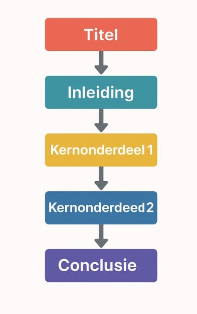 Infographic met verticale structuur van een blogartikel in blokken: Titel, Inleiding, 3 subkoppen en Conclusie, verbonden met pijlen.