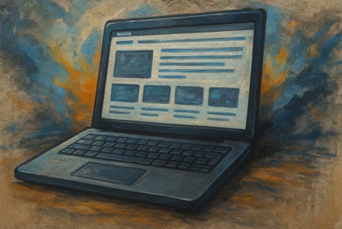 Streetartmuurschildering van een laptop met homepage op betonnen muur, omlijst door abstracte kleurvlakken in oranje en blauw.