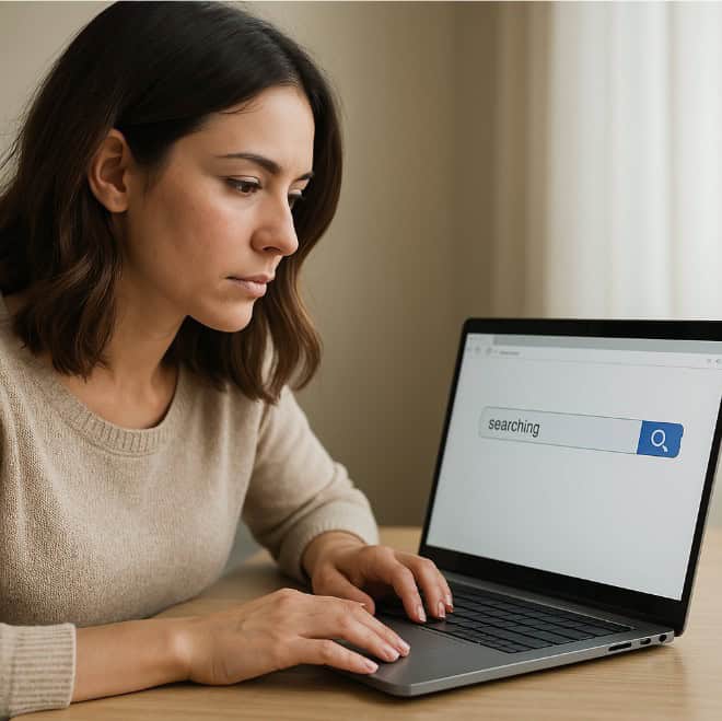Vrouw achter laptop die informatie zoekt op internet, symbool voor de verwachting van betrouwbare websites.