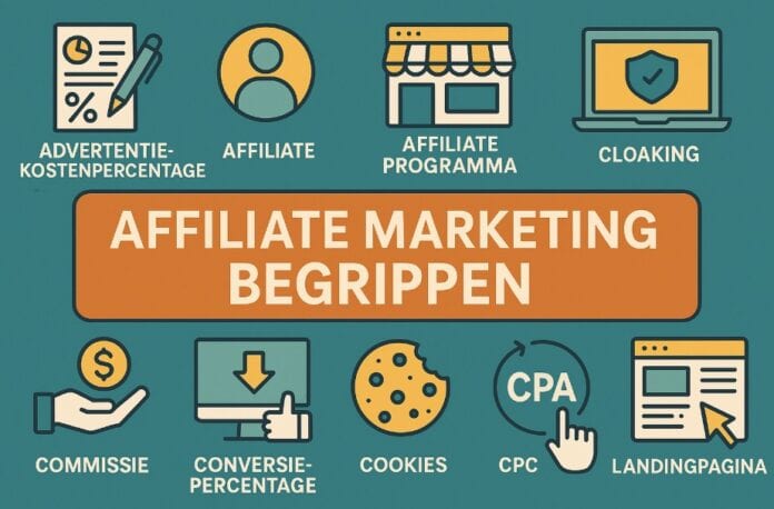 Affiliate marketing begrippen overzichtelijk uitgelegd Infographic met kernbegrippen uit affiliate marketing zoals commissie, cookies, CPA, CPC en conversiepercentage, in flat design.
