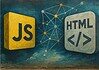 JavaScript en HTML: basis van moderne websites Streetart-muurschildering met JavaScript- en HTML-symbolen op een verweerde betonnen wand, met realistische kleuren en digitale netwerkaccenten.