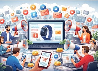 Affiliate marktverzadiging en concurrentiedruk online Drukke online marktplaats waar meerdere affiliates hetzelfde product promoten, met concurrerende boodschappen en afnemende aandacht.