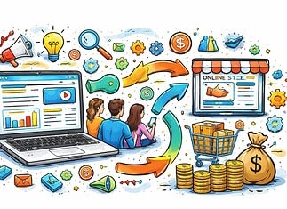 Affiliate marketing uitleg en inkomstenverwachting Schema dat laat zien hoe bezoekers via content doorklikken naar een aanbieder en hoe commissies binnen affiliate marketing ontstaan.