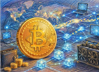 Bitcoin: werking, mining, risico’s en anonimiteit Digitale Bitcoinmunt naast een blockchainnetwerk met computers, transacties en miningapparatuur.