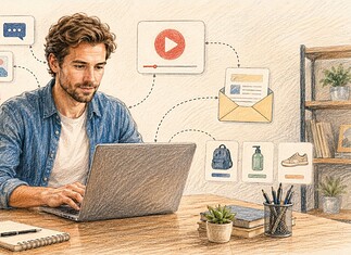 Affiliate marketing zonder eigen website Affiliate marketeer werkt op een laptop en promoot producten via sociale media, video en een nieuwsbrief