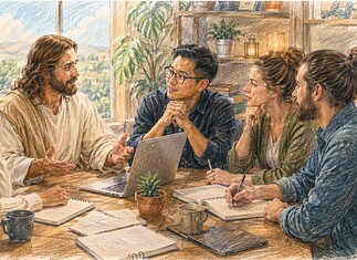 Jezus als inspiratie voor online ondernemerschap Jezus spreekt met online ondernemers rond een tafel met laptop, notities en symbolen van eerlijk leiderschap.