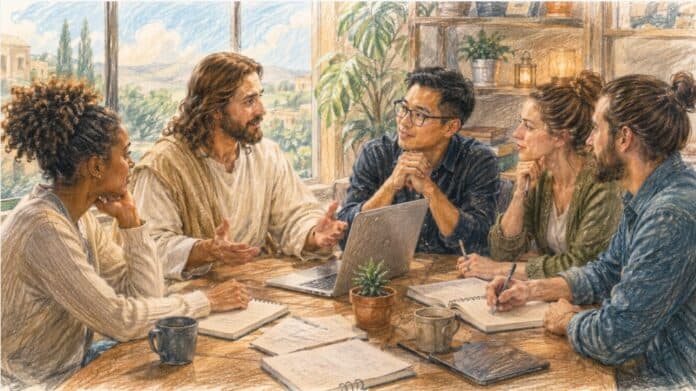 Afbeelding van Jezus als voorbeeld voor online ondernemers Jezus spreekt met online ondernemers rond een tafel met laptop, notities en symbolen van eerlijk leiderschap.